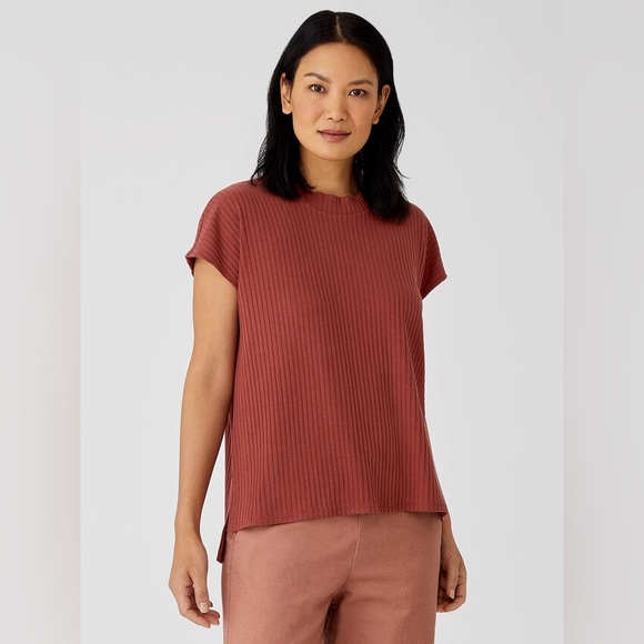 Eileen Fisher Tops - Eileen Fisher. Textured Stretch Rib Round Neck Top. Deep Terra Cotta. Large.